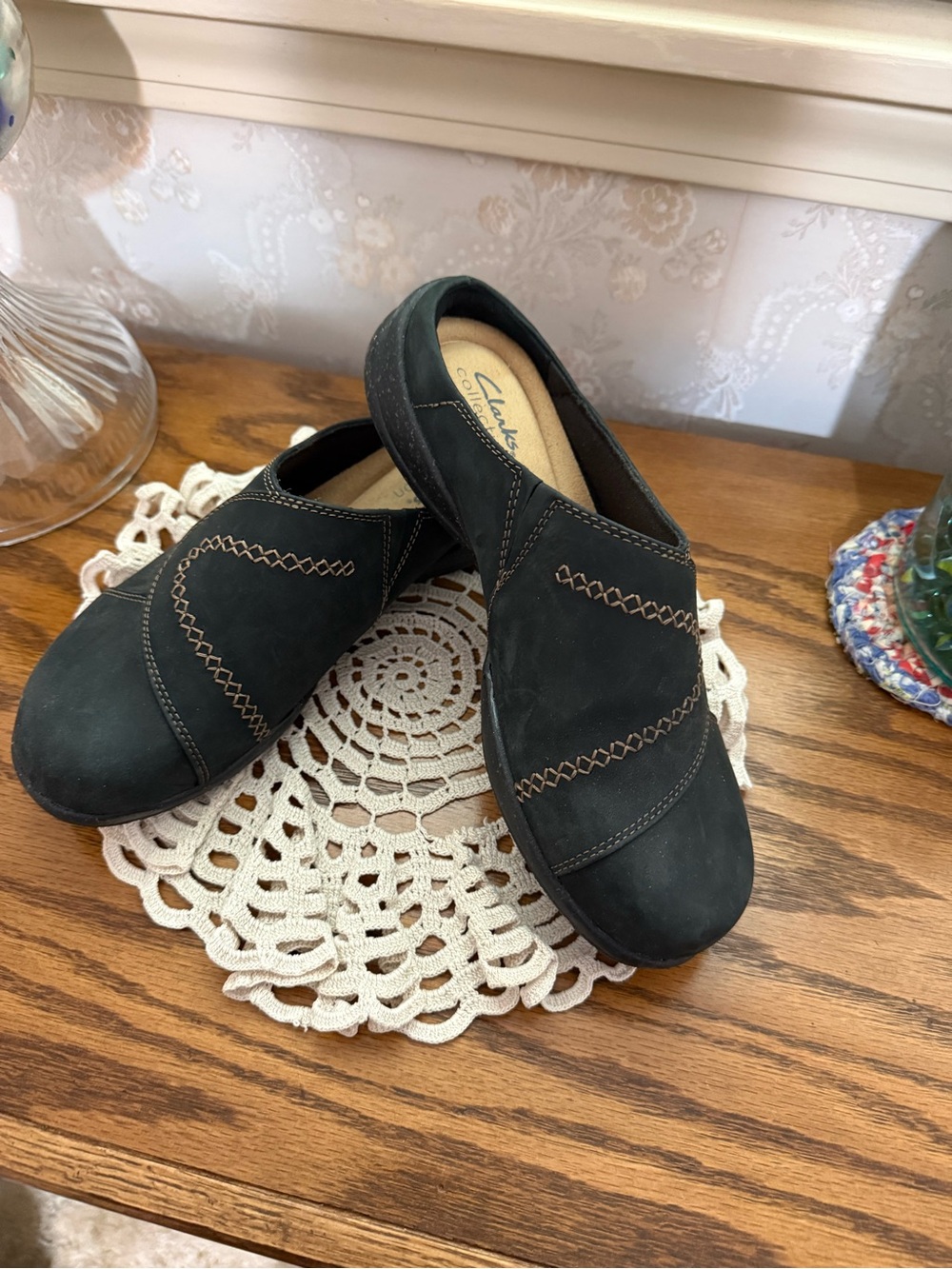 Clarks Black Slip-On Mules with Contrast Stitching